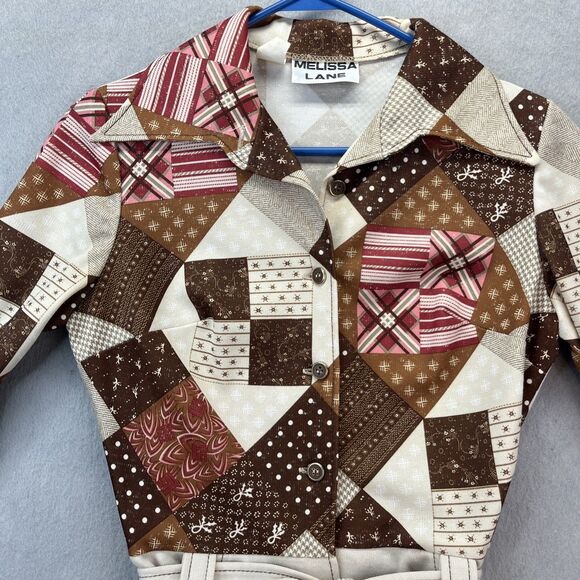 Melissa Lane Tan Patchwork One Piece Button Dress Vintage 70s Hippie Boho - Picture 3 of 16